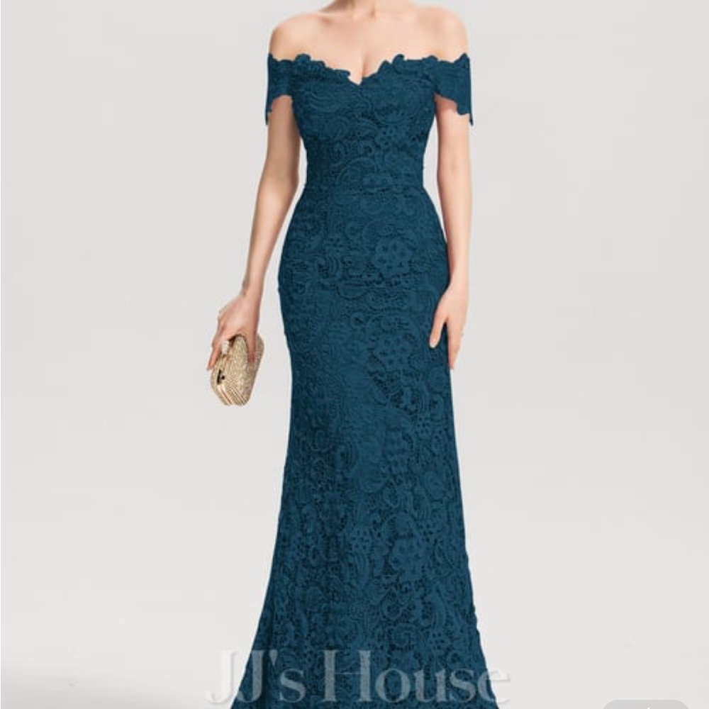 JJs House Strapless Teal Lace Gown